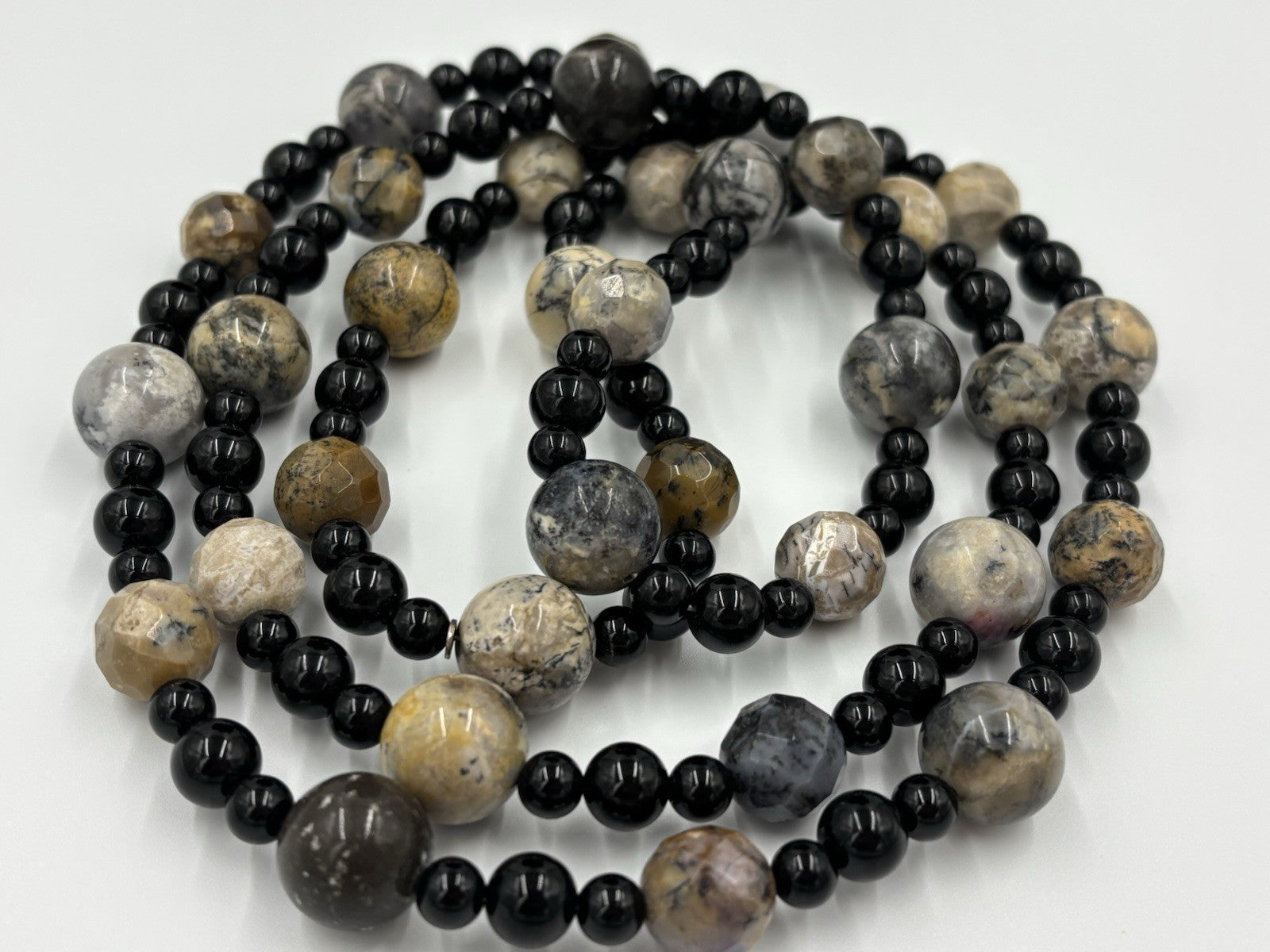 Vintage Picasso Jasper Gemstone Necklace Long Natural Stone With Black Beads