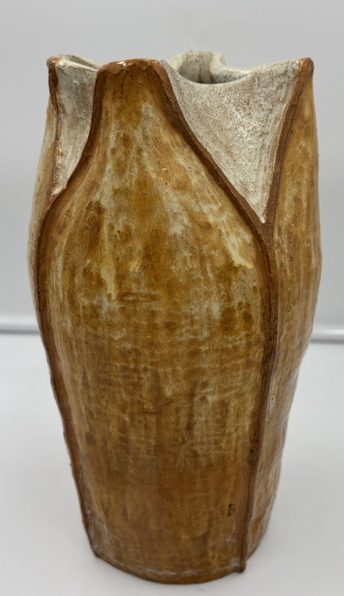 Large Vintage Studio Pottery Vase Sculptural Organic Petal Rim Brown Glaze