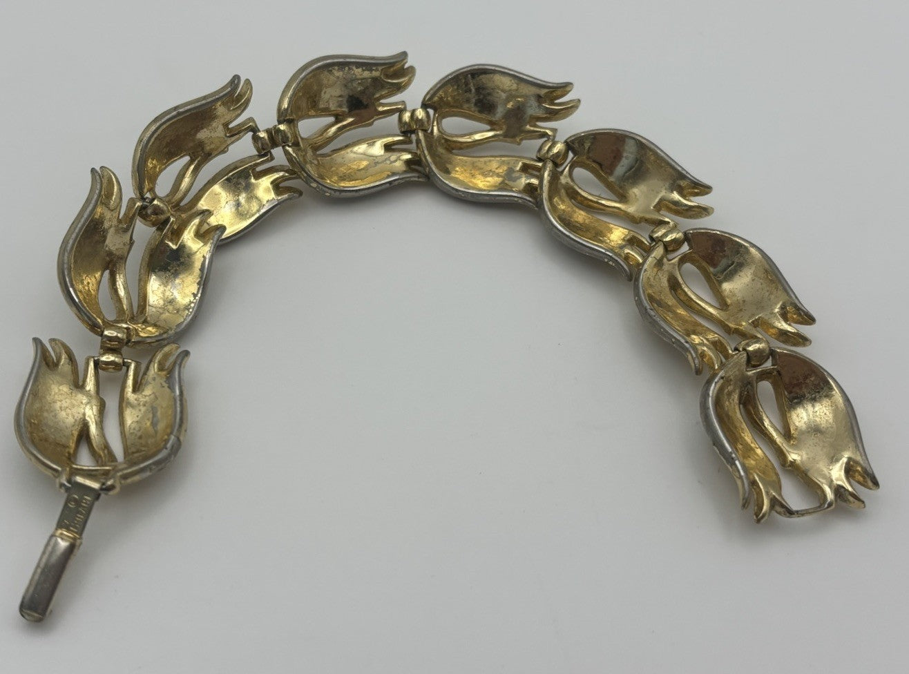 Vintage Crown Trifari Gold Tone Flame Link Bracelet Signed Mid Century Jewelry