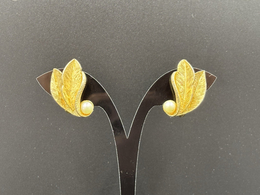 Vintage BSK Clip Leaf Wing Faux Pearl Earrings