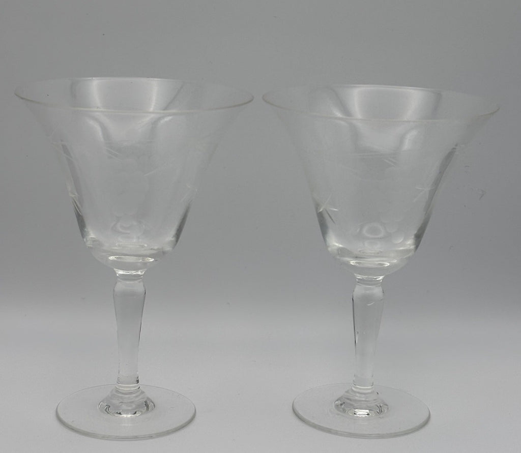 Vintage Etched Sherry Liqueur Glasses Set of 2 Grapes Starburst Design