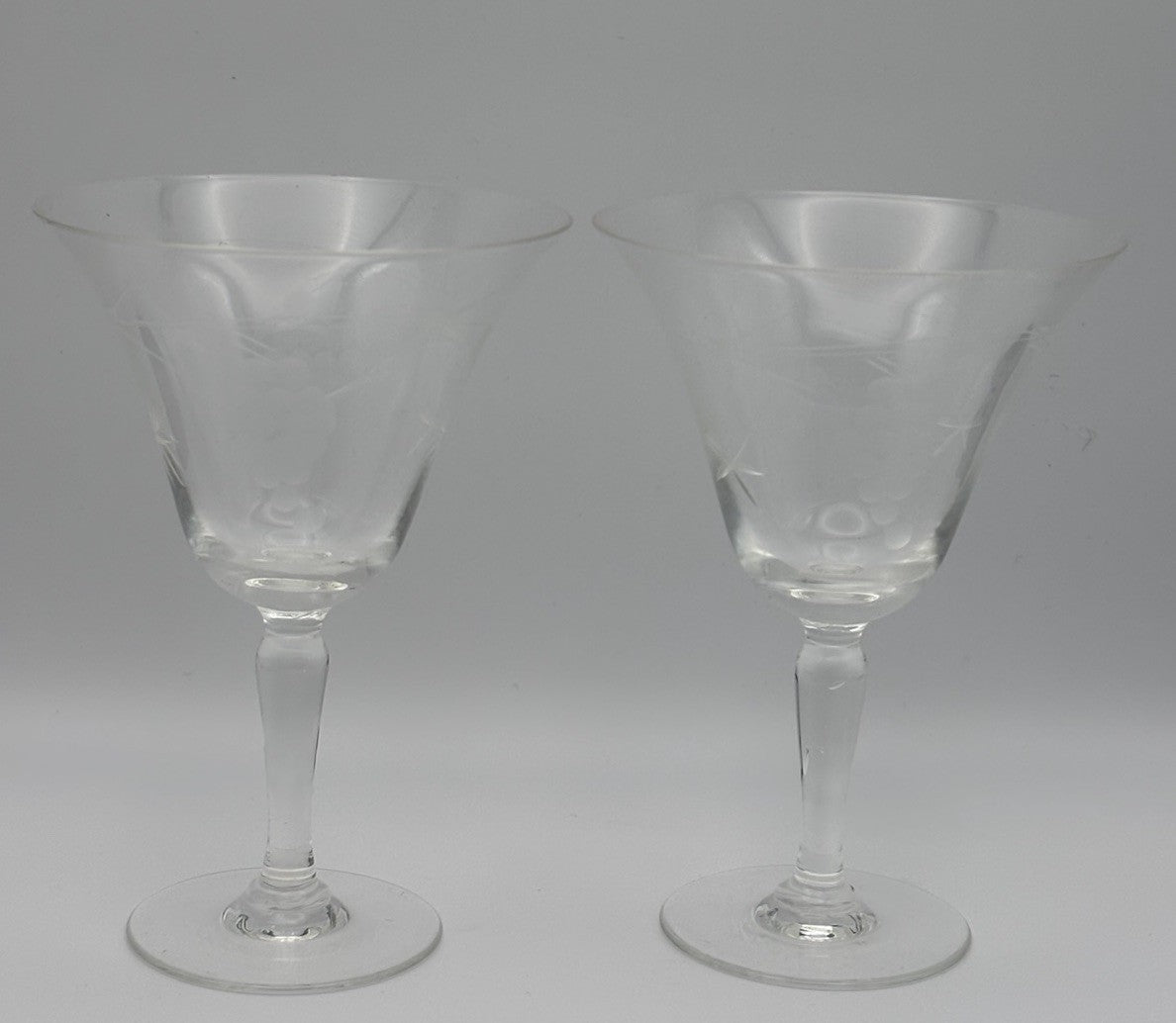 Vintage Etched Sherry Liqueur Glasses Set of 2 Grapes Starburst Design