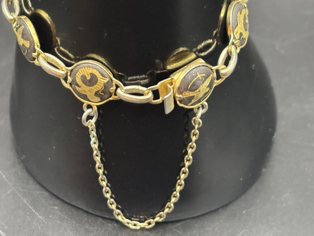 Vintage Toledo Damascene Inlay Zodiac Motif Link Bracelet Spain 16cm