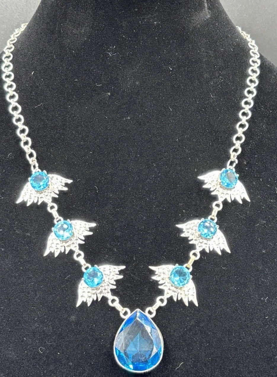 Sterling Silver Blue Crystal Angel Wings Necklace Gothic Statement 925