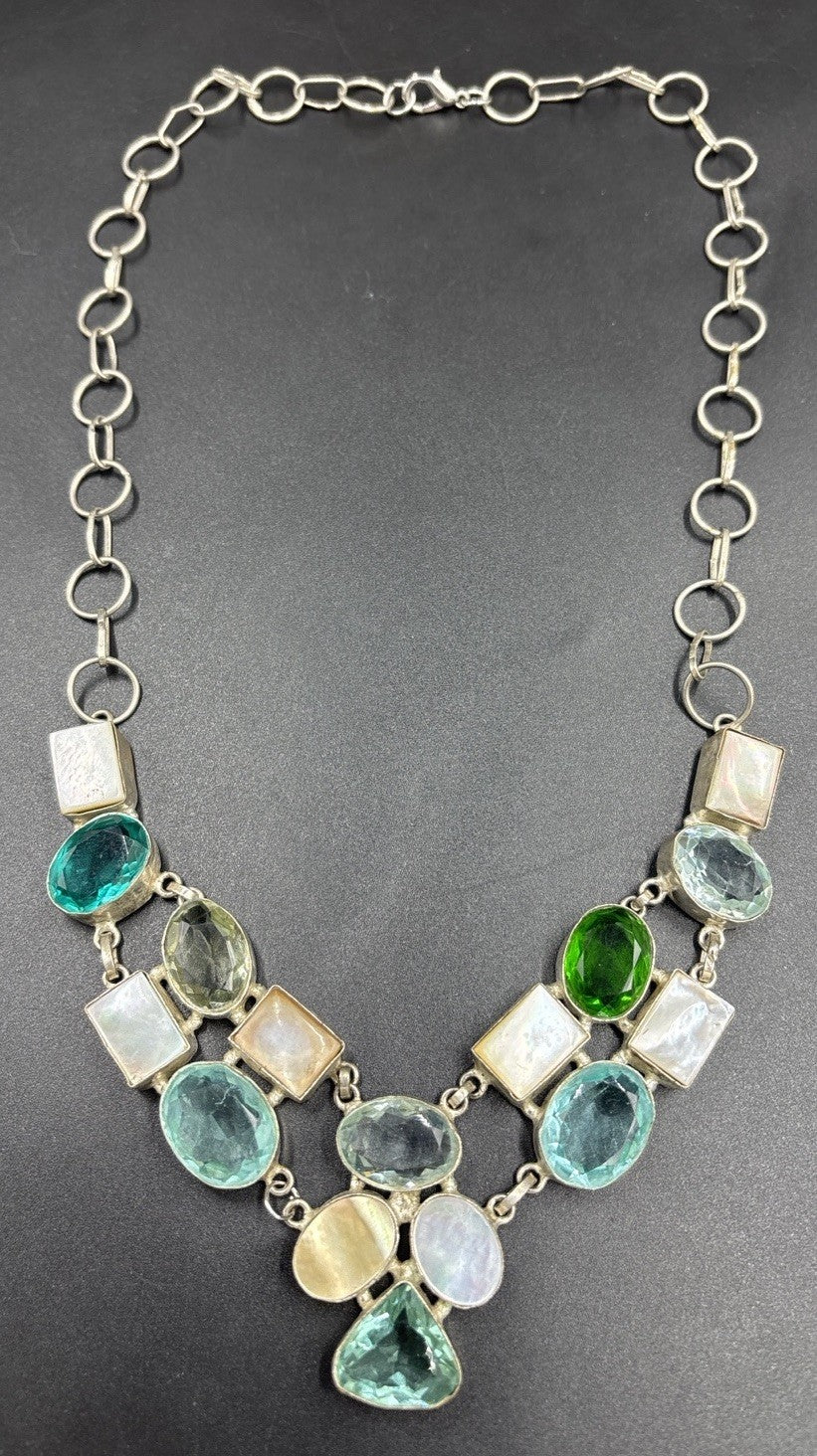 Artisan Multi Stone Bib Necklace Aqua Teal Green Glass Mother of Pearl Handmade