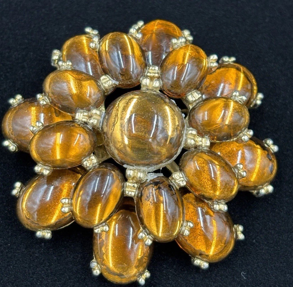 Huge Vintage Glass Brooch Tiger Eye Look 1950s Bold Statement Jewelry