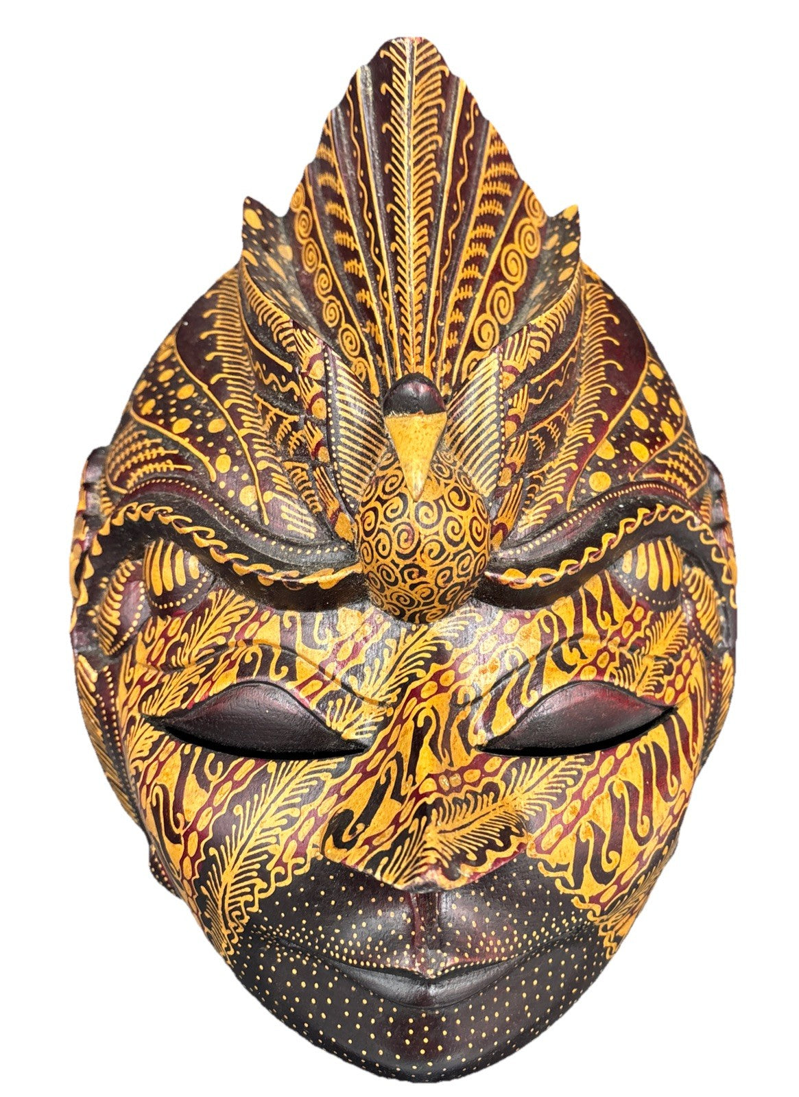 Vintage Balinese Hand Carved Wooden Mask Flame Crown Tribal Art Decor