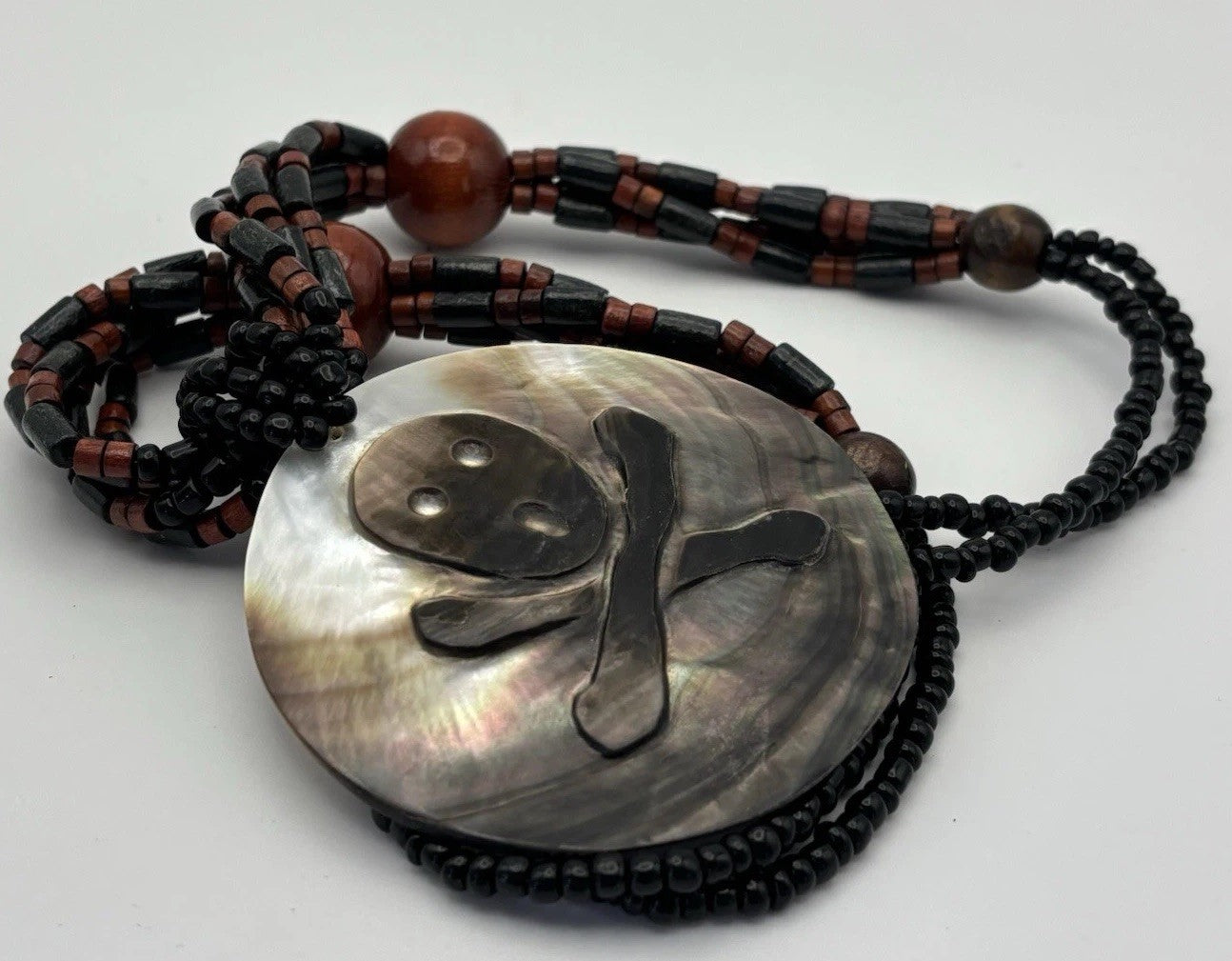 Tribal Skull Crossbones Shell Pendant Necklace Beaded Gothic Boho Jewelry