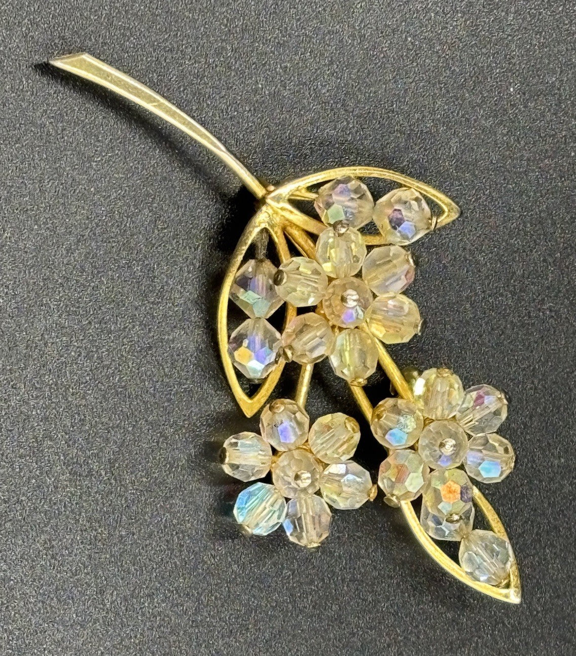 Vintage 1950s Gold Tone Aurora Borealis Glass Floral Brooch