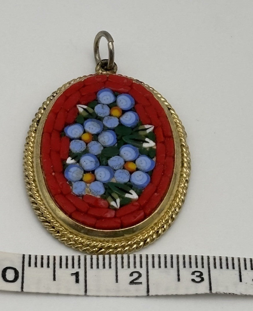 Vintage Italian Micro Mosaic Floral Pendant Red Frame Glass Italy