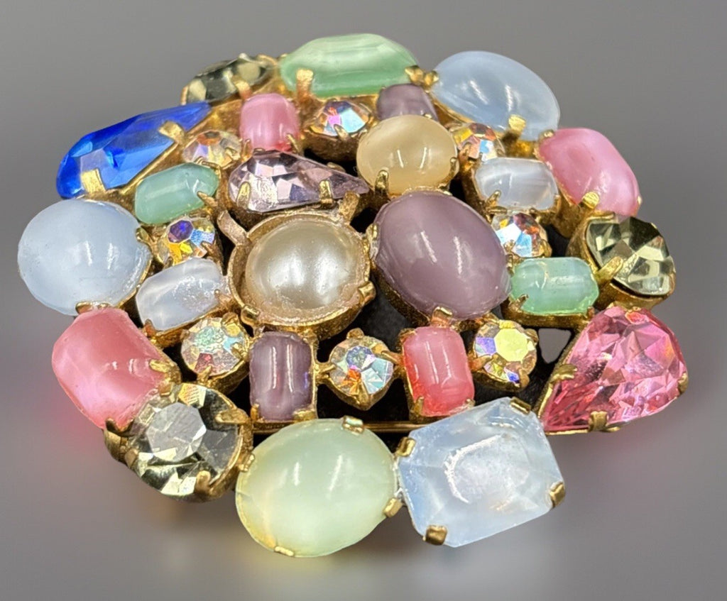Vintage Fruit Salad Brooch – Multicolour Glass Cabochons & Rhinestones