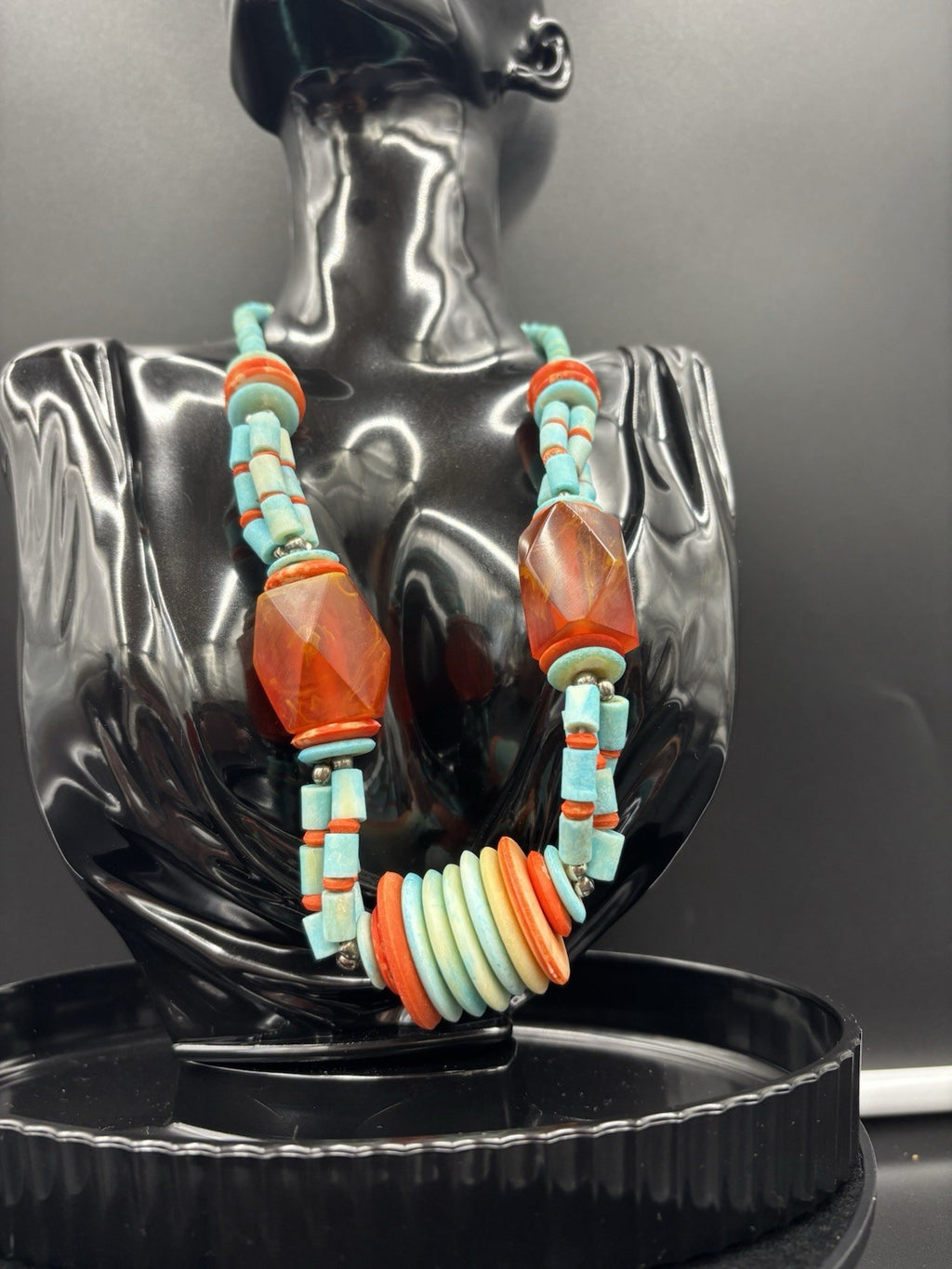 Vintage Tribal Necklace Red Resin & Turquoise Beads Statement Jewelry