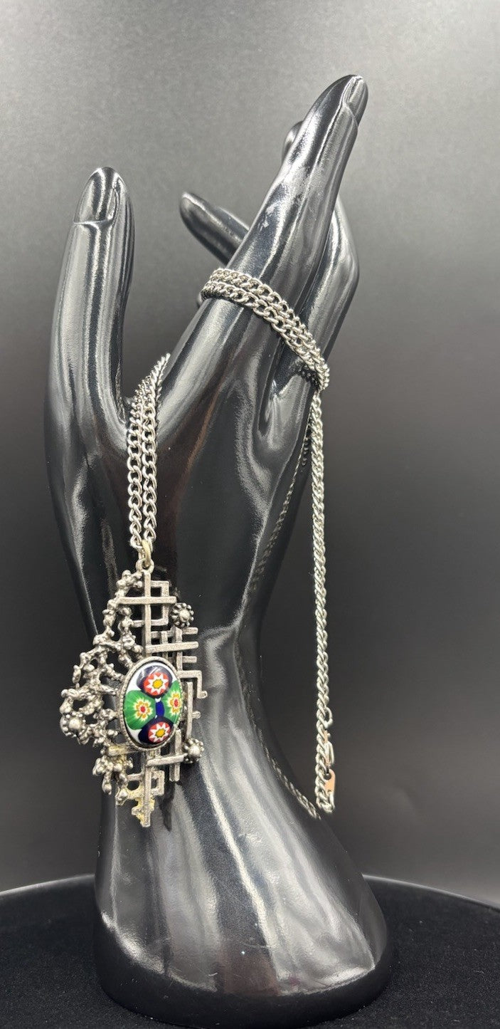 Vtg Millefiori Caning Art Glass Pendant Silver Plated, & Silver Tone Necklace