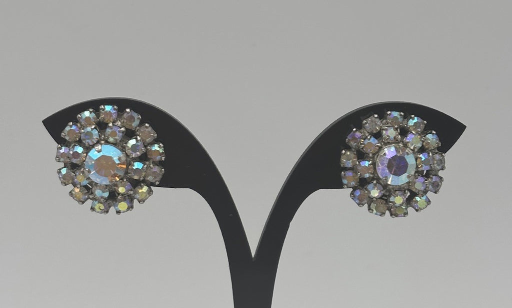 Rare Vintage Aurora Borealis Crystal Cluster Earrings Clip On Couture Statement”