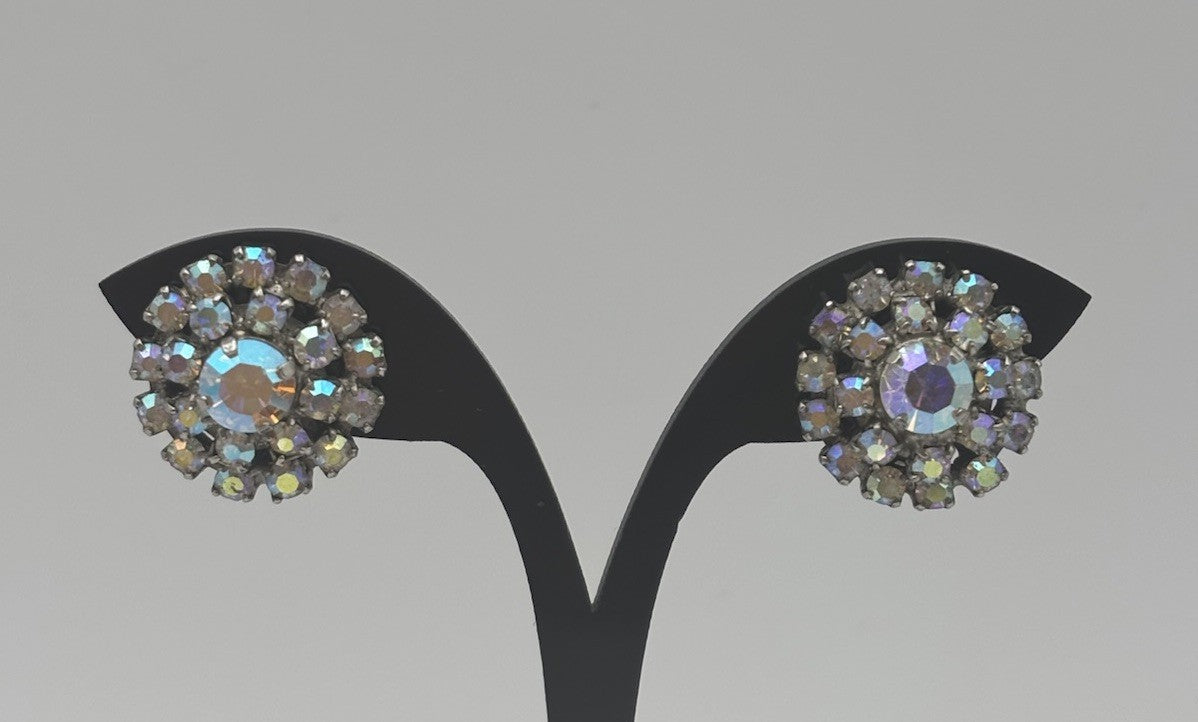 Rare Vintage Aurora Borealis Crystal Cluster Earrings Clip On Couture Statement”