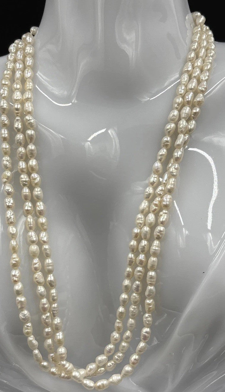 Vintage Baroque Pearl Necklace Bracelet Set 3 Strand Sterling Clasp