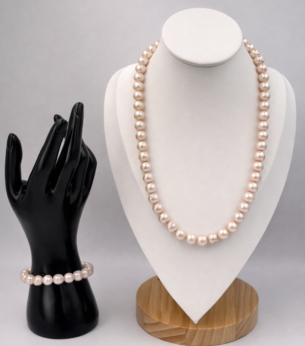 Freshwater Pearl Necklace Bracelet Set 10mm Pink Cream High Lustre