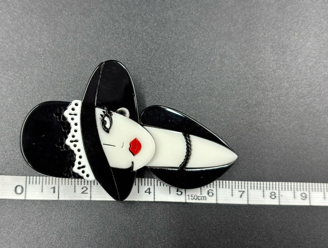 Acrylic 3D Art Deco Vintage Style Black Hat Lady Brooch Shawl Lady Pin Flapper