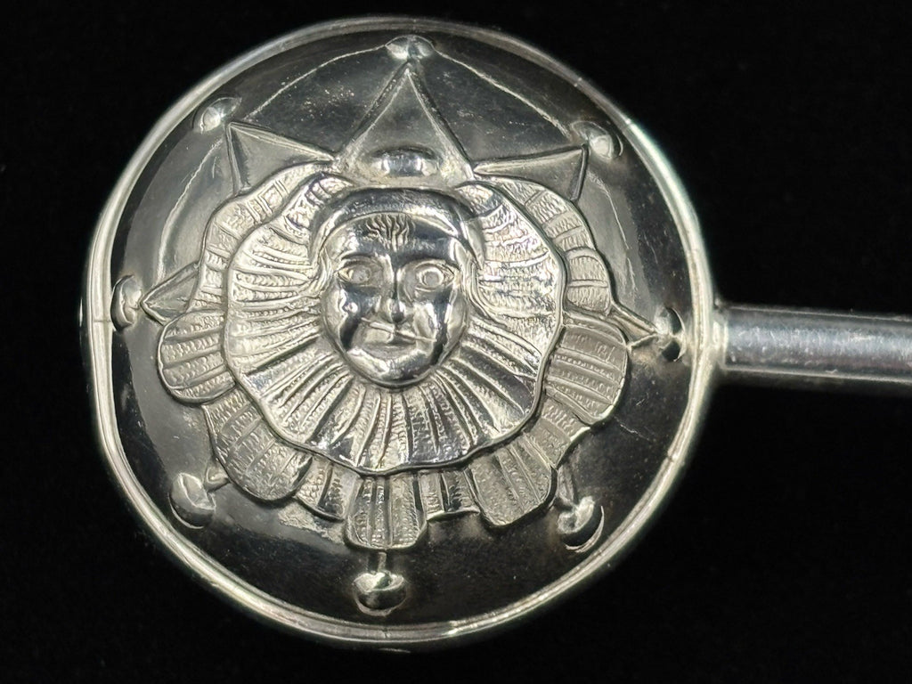 Antique Silver Baby Rattle Celestial Sun Face Repoussé
