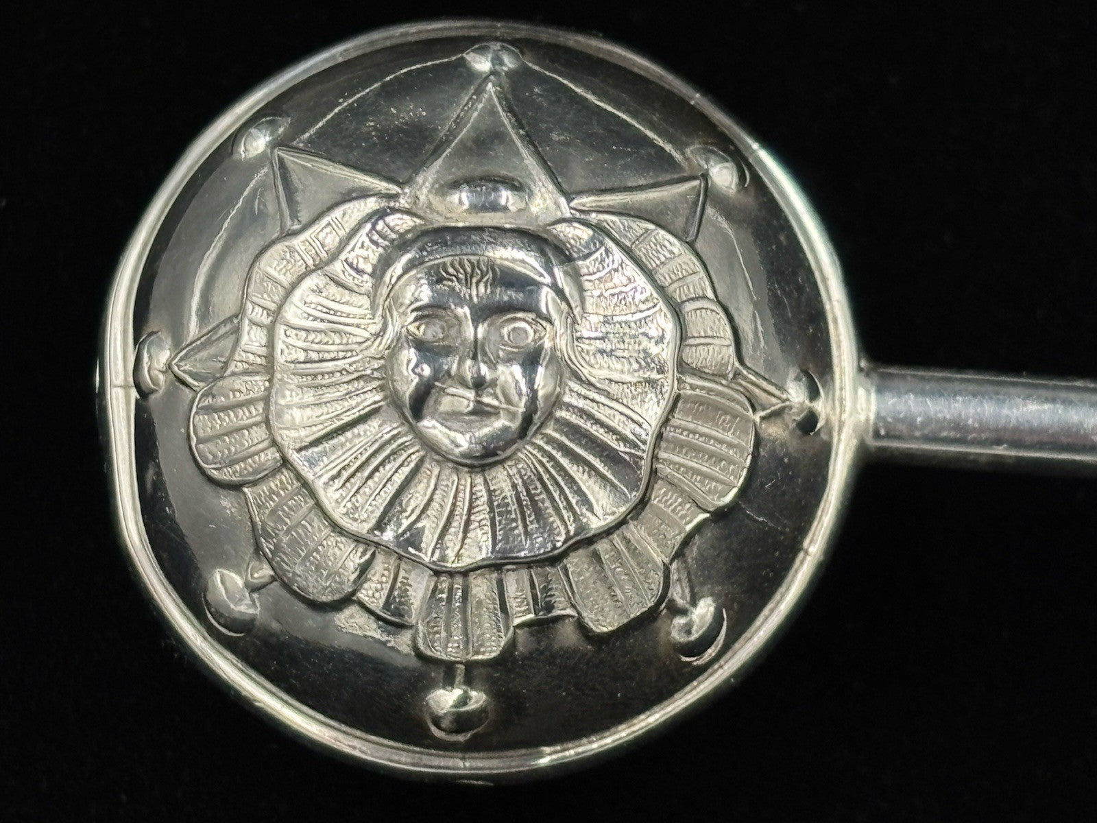 Antique Silver Baby Rattle Celestial Sun Face Repoussé