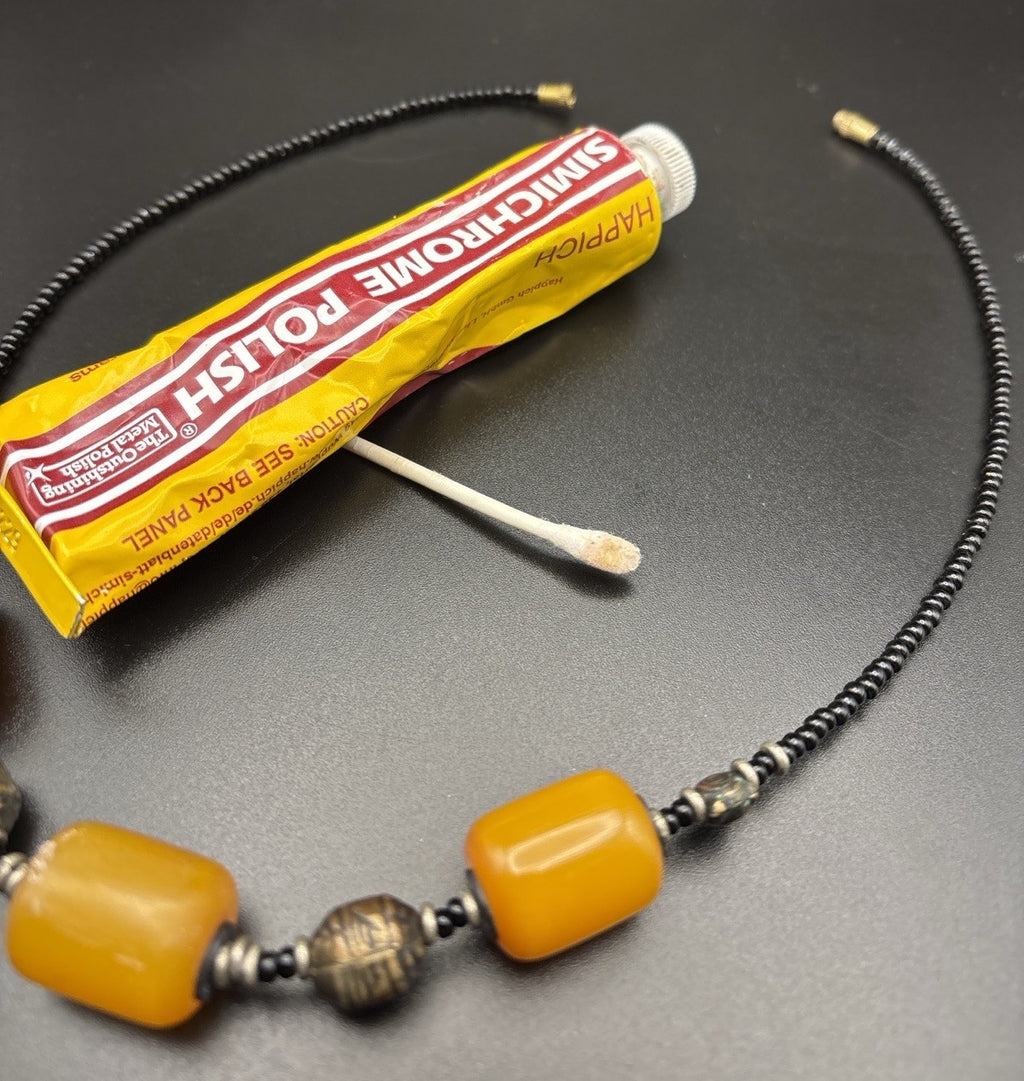 Vintage Butterscotch Bakelite Bead Necklace Bronze Accents