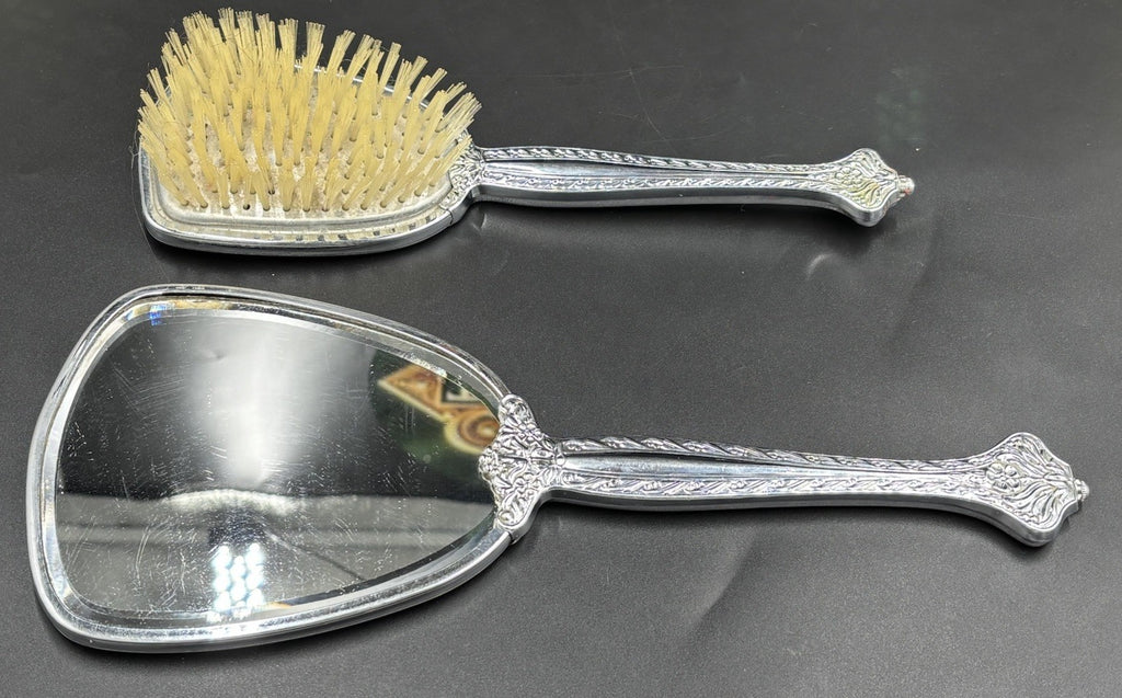 Vintage Vanity Brush & Hand Mirror Set Floral Silver Tone Mid Century