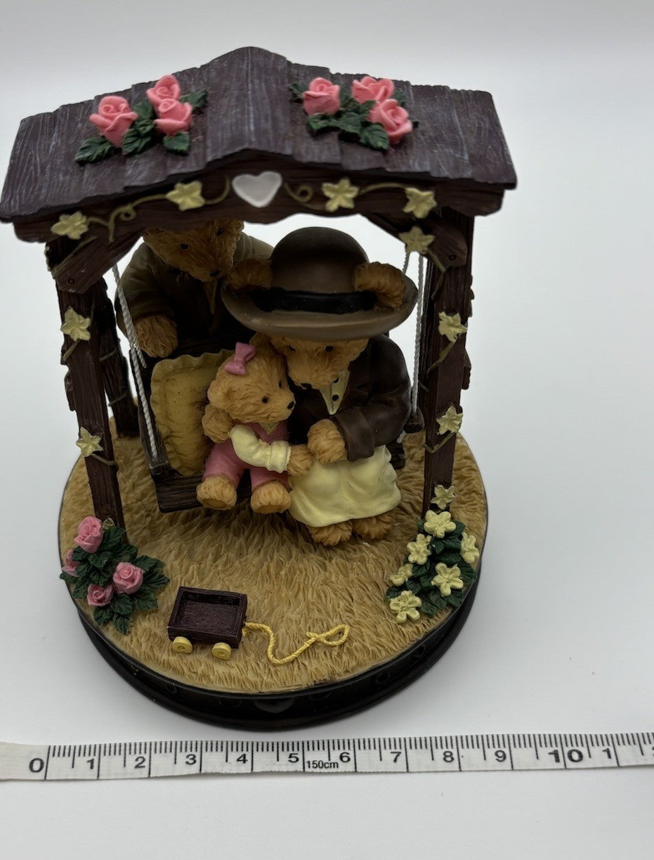 Avon Bear Figurine – Family on Swing with Roses & Wagon