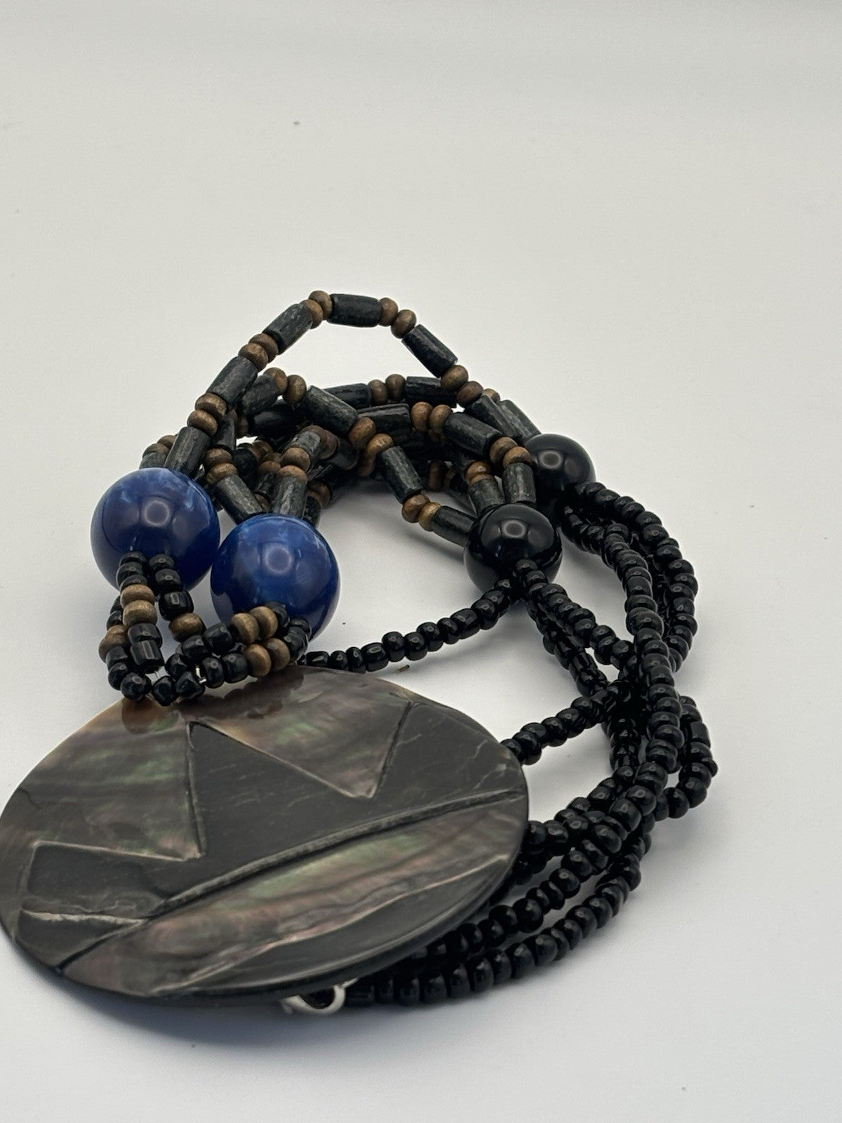 Tribal Shell Pendant Necklace Geometric Design Beaded Blue Black Boho Jewelry