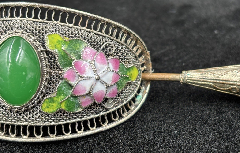 Vintage Chinese Filigree Enamel Hairpin Green Peking Glass Cabochon Beads