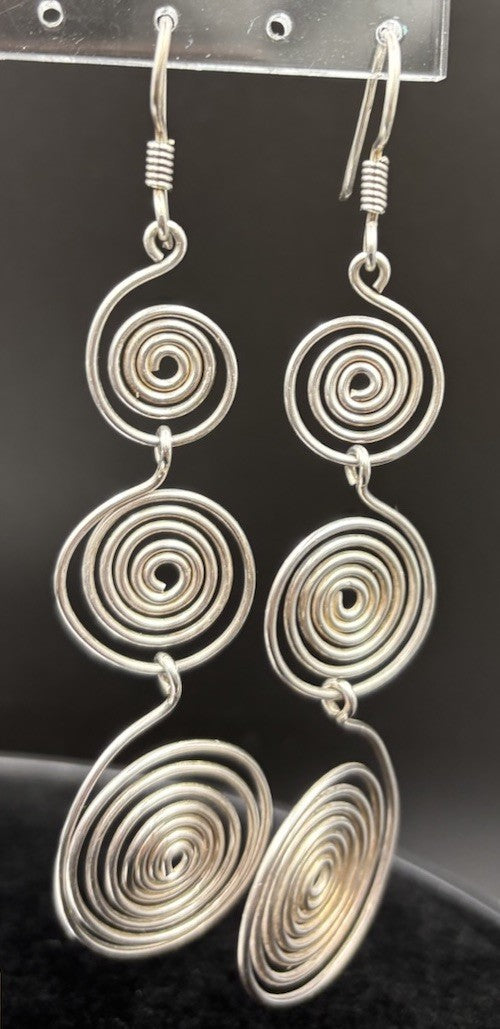 Stirling Silver Earrings Spiral Drop Dangling Long Earrings Vtg