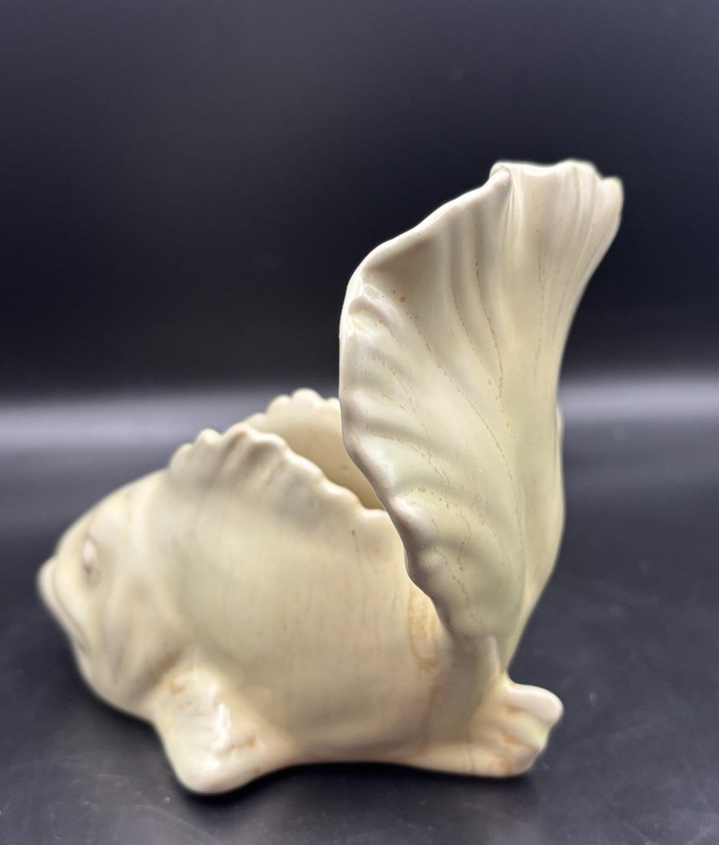 Vintage Ceramic Fish Vase Planter Cream Glazed Coastal Nautical Decor