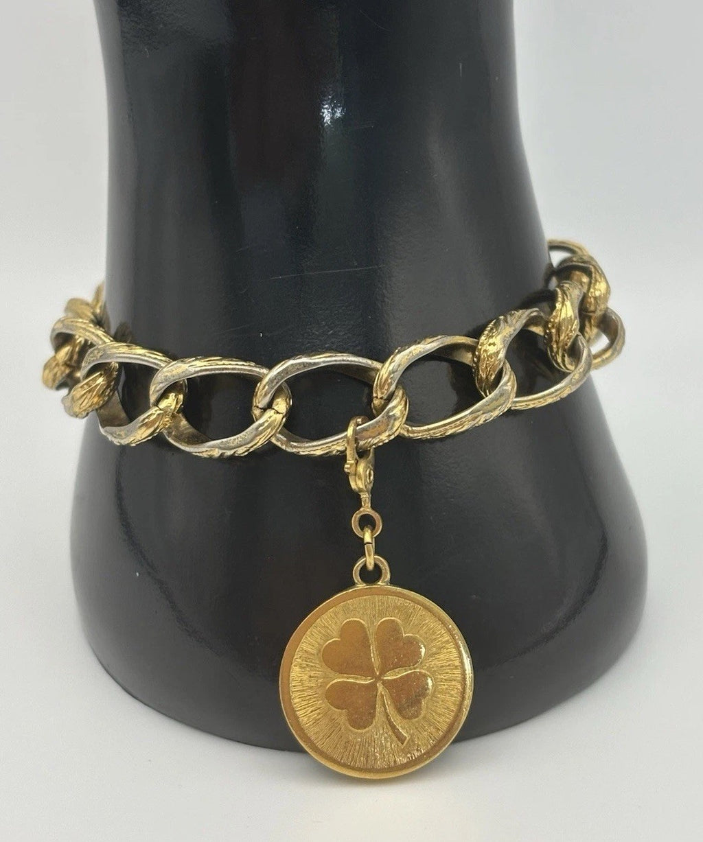 Vintage Monet Gold Tone Clover Charm Bracelet Textured Chain Signed Mid Century