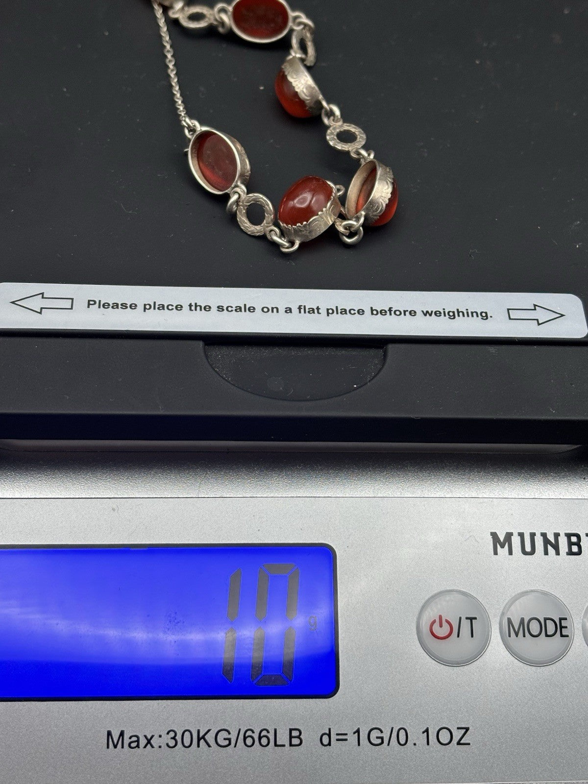 Vintage Sterling Silver Red Carnelian Cabochon Bracelet Link Safety Chain
