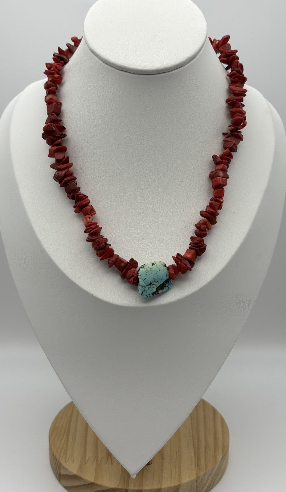Vintage red coral nugget necklace large natural turquoise slab pendant organic
