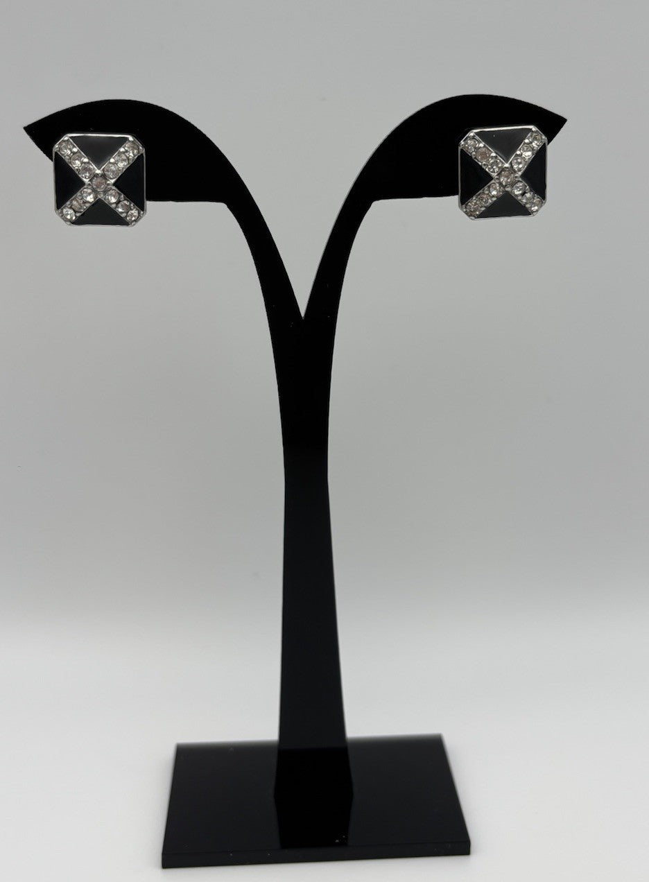 Vintage Monet Signed Black Enamel Rhinestone Stud Earrings