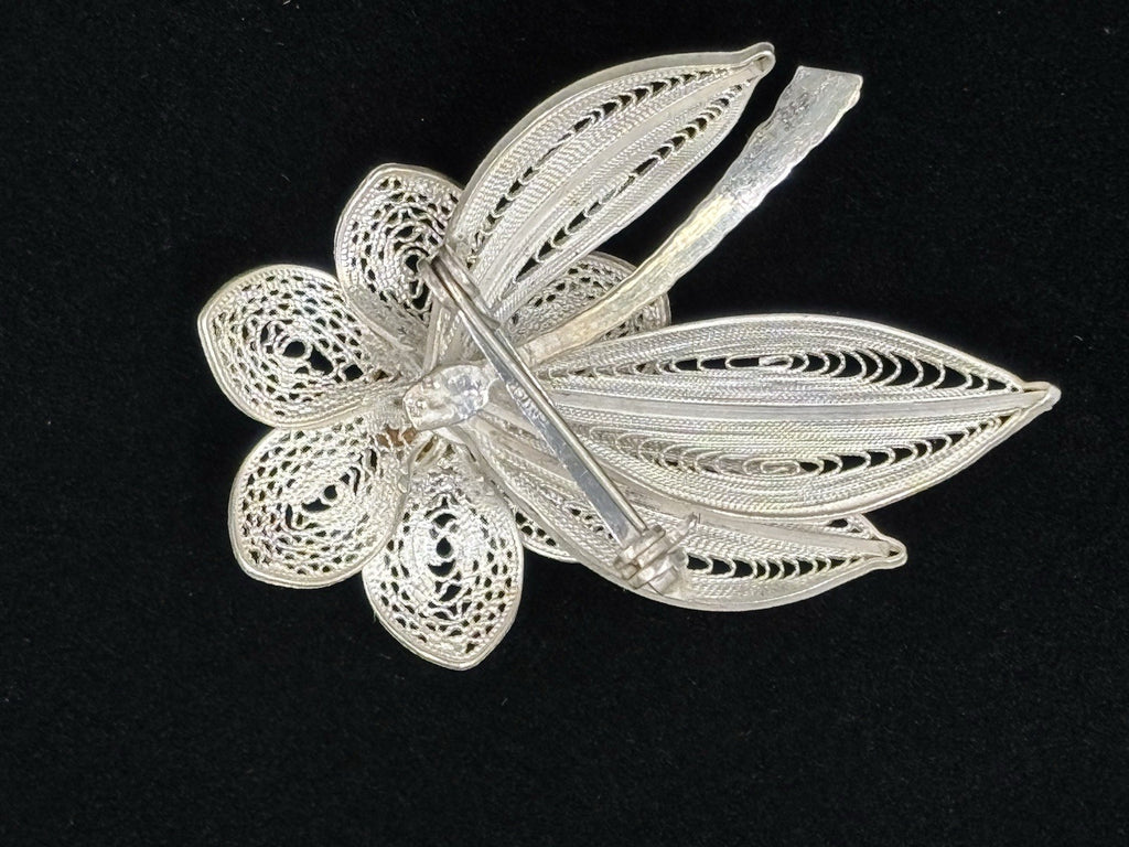 Vintage European Silver Filigree Flower Brooch Faux Pearl Centre