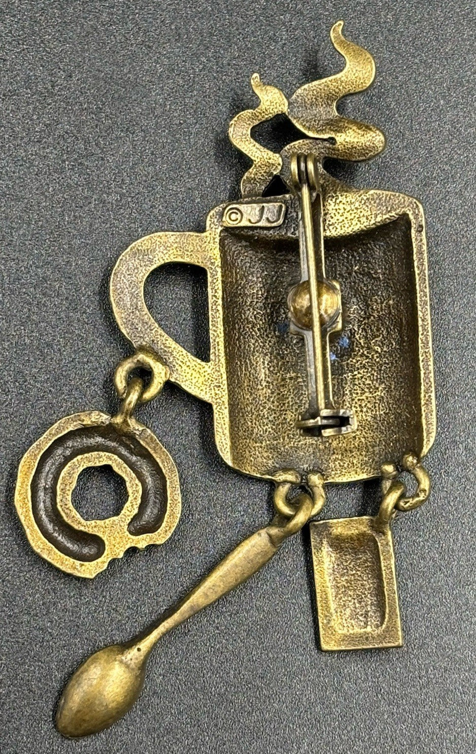 Vtg JJ Jonette Jewelry Brooch Coffe Lover Donut Sugar Spoon Bronze Tone Pin