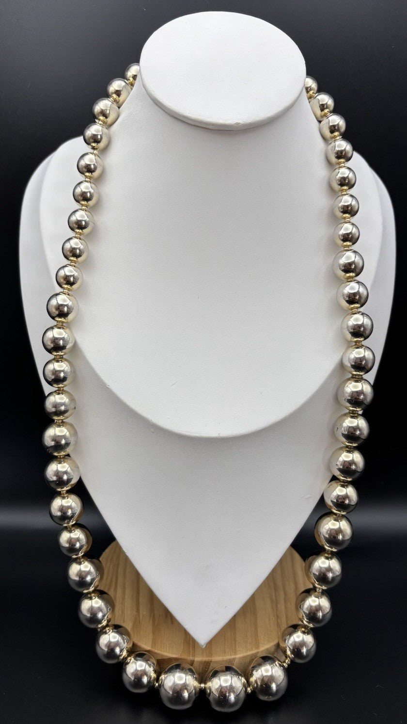 Vintage Heavy Silver Tone Ball Bead Statement Necklace Gold Accents