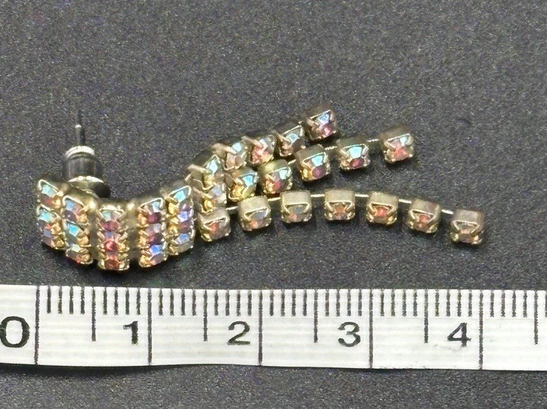 Vintage AB Rhinestone Dangle Earrings Mid Century Sparkle Waterfall Drops