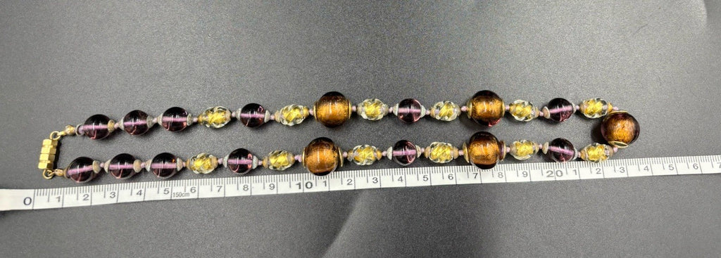 Vintage Brown Honey Gold Foiled Purple Accents Murano Art Glass Faceted Beads