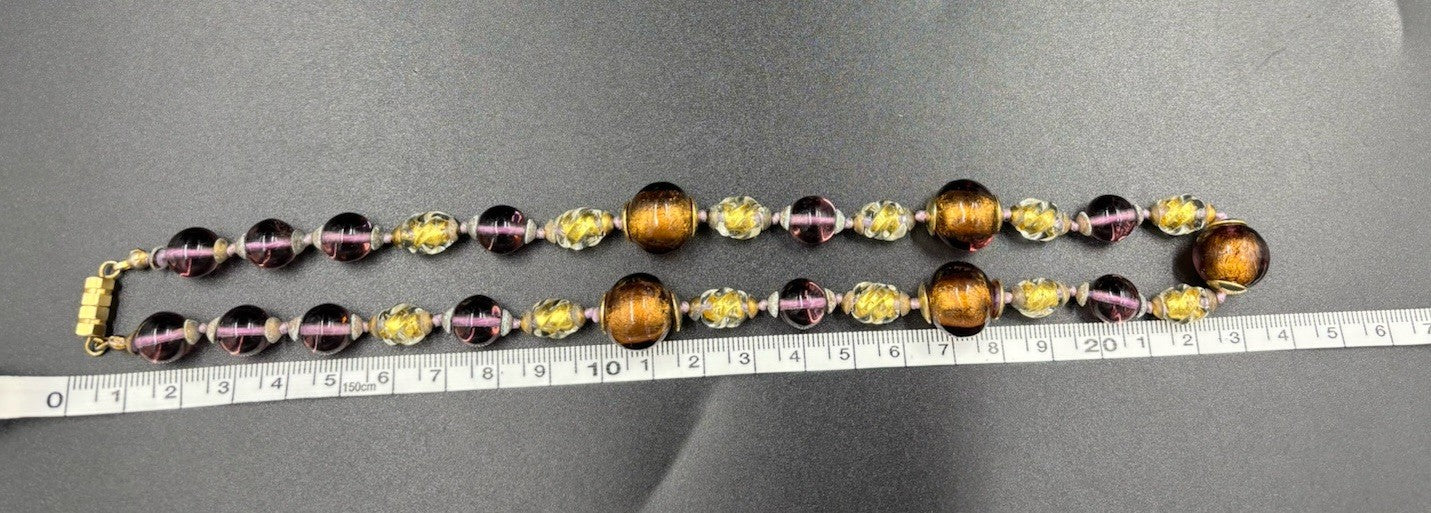 Vintage Brown Honey Gold Foiled Purple Accents Murano Art Glass Faceted Beads
