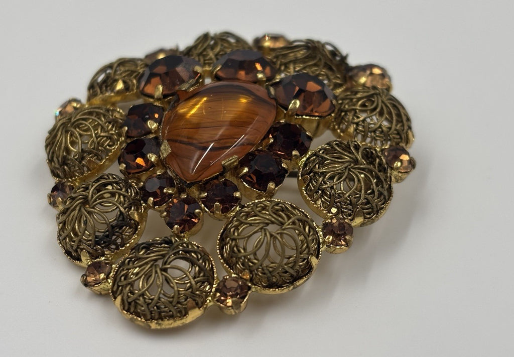 Vintage West German Style Brooch Amber Glass Rhinestone Filigree Gold Tone