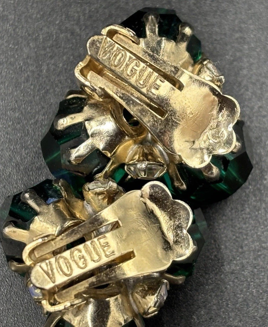 Vintage Vogue Karu Arke Emerald Green AB Crystal Cluster Clip-On Earrings Signed