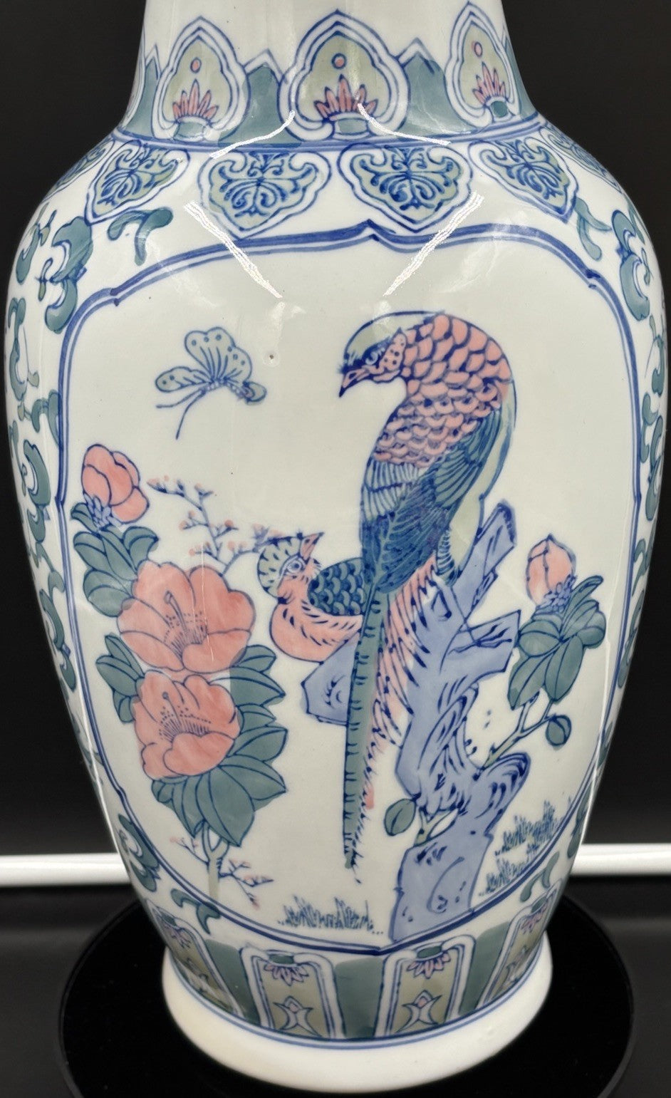 Vintage Chinese Porcelain Vase Blue Famille Rose Bird Peony Large 42cm Decor
