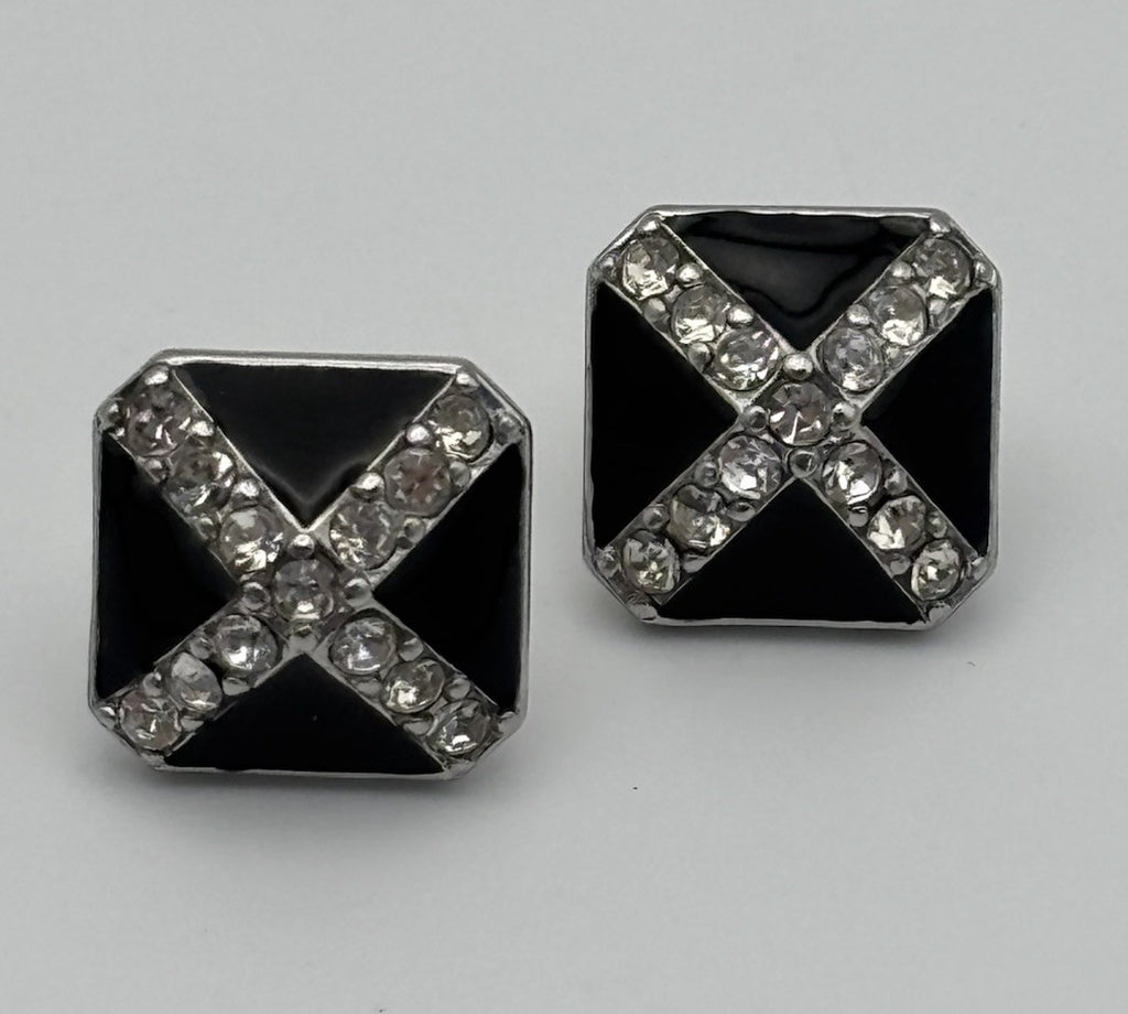 Vintage Monet Signed Black Enamel Rhinestone Stud Earrings