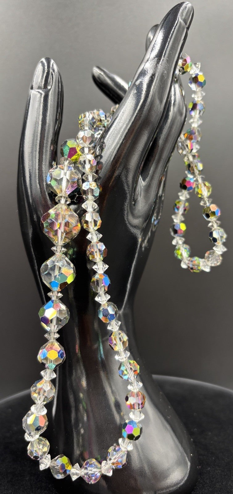 Vintage Aurora Borealis Crystal Bead Necklace Faceted Glass, Mid-Century