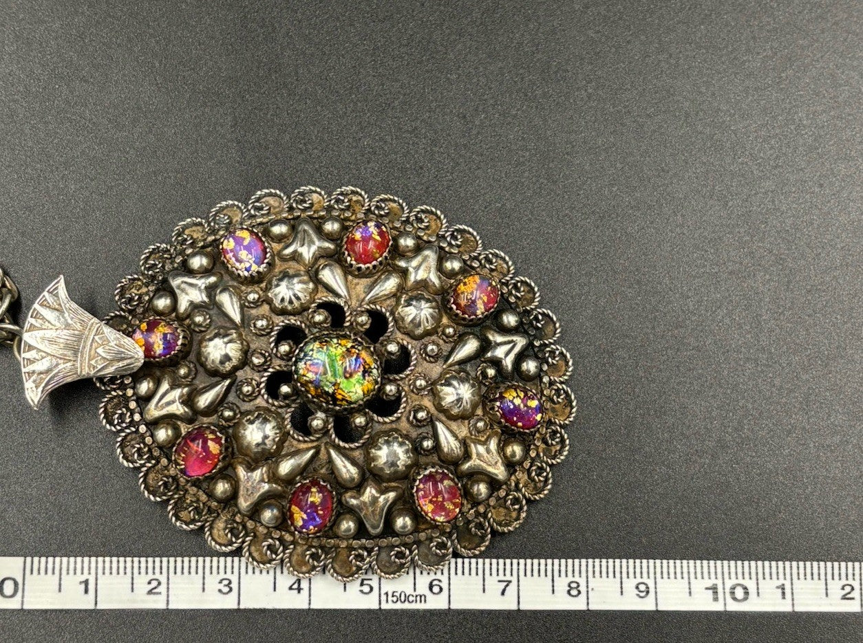 Vintage Sterling Silver Etruscan Egyptian Revival Necklace Foil Art Glass