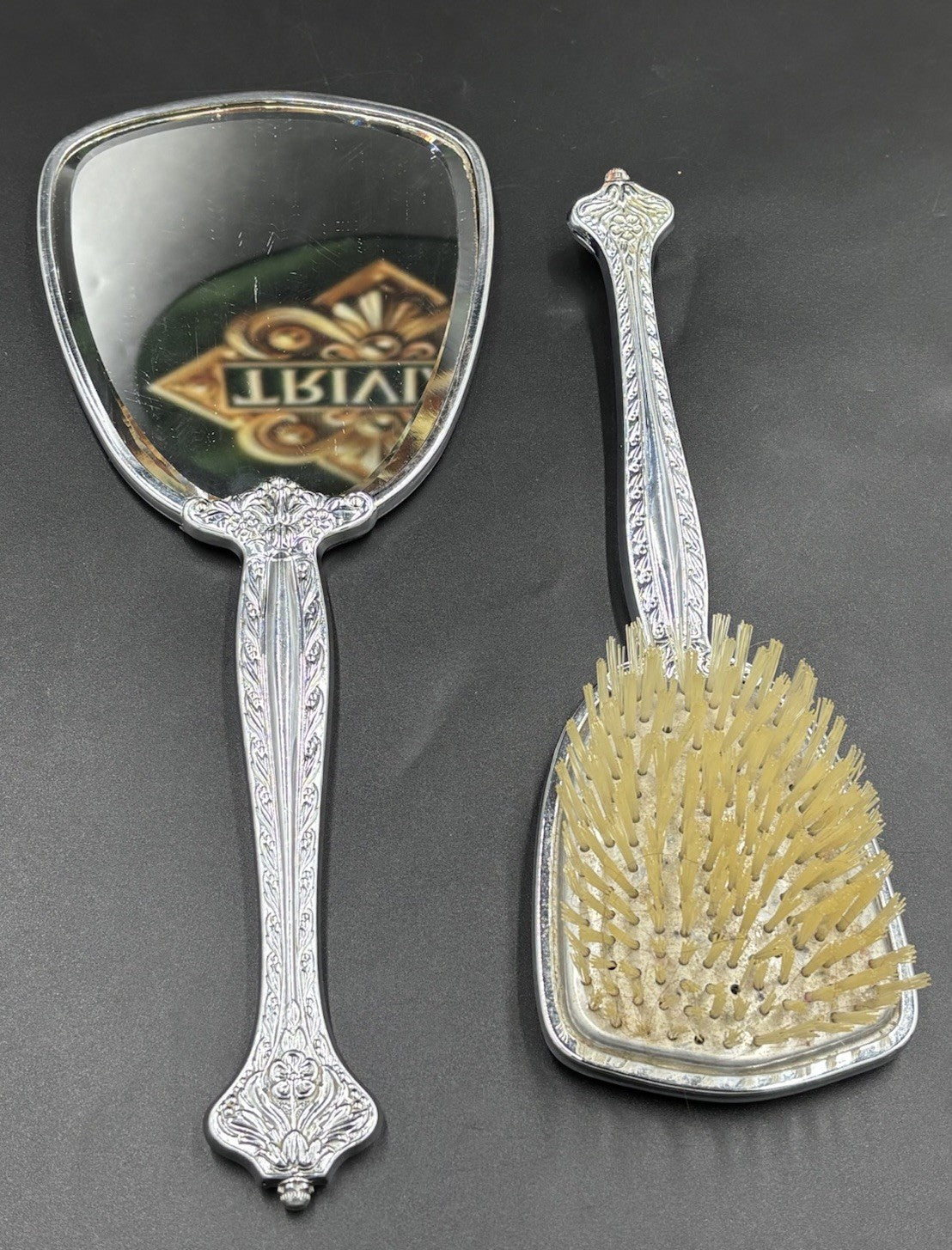 Vintage Vanity Brush & Hand Mirror Set Floral Silver Tone Mid Century