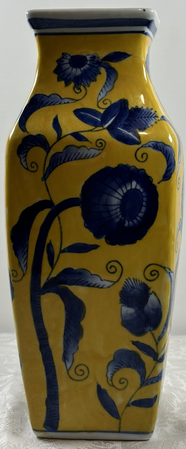 Hand Painted Chinese Porcelain Vase Square Shape – Blue Floral on Yellow Glaze