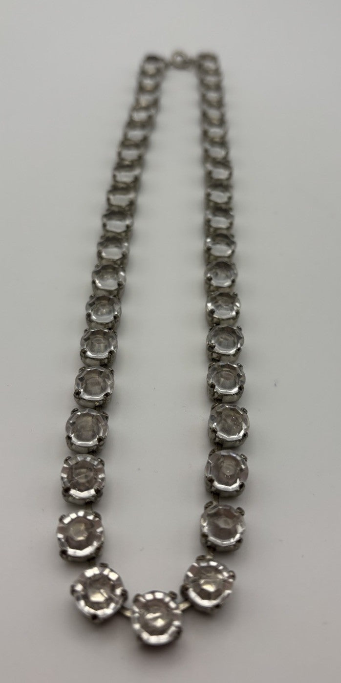 Vintage Mid Century Clear Rhinestone Necklace with Matching Clip Earrings Set